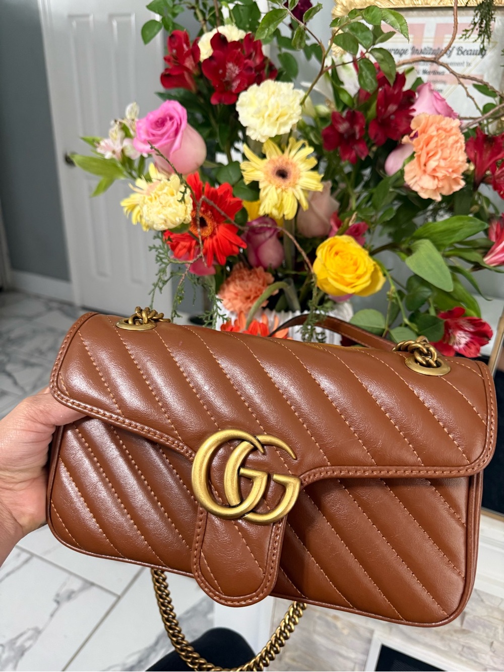 Brown Quilted Matelassé Shoulder Bag with Double G